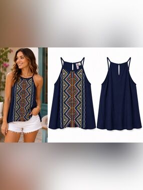 Alya Embroidered Geometric Tank Navy Boho Sleeveless Top XS